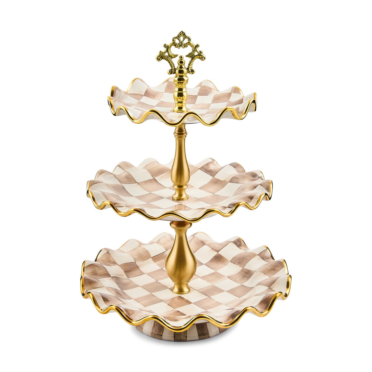 Mocha Check Ceramic Three Tier Sweet Stand