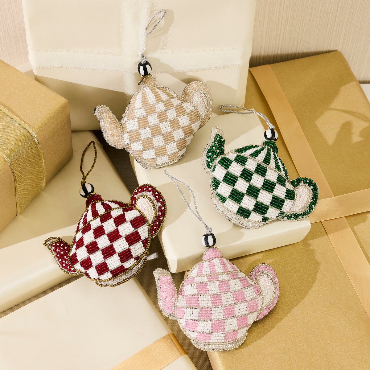 Rosy Check Teapot Beaded Ornament - Image 2