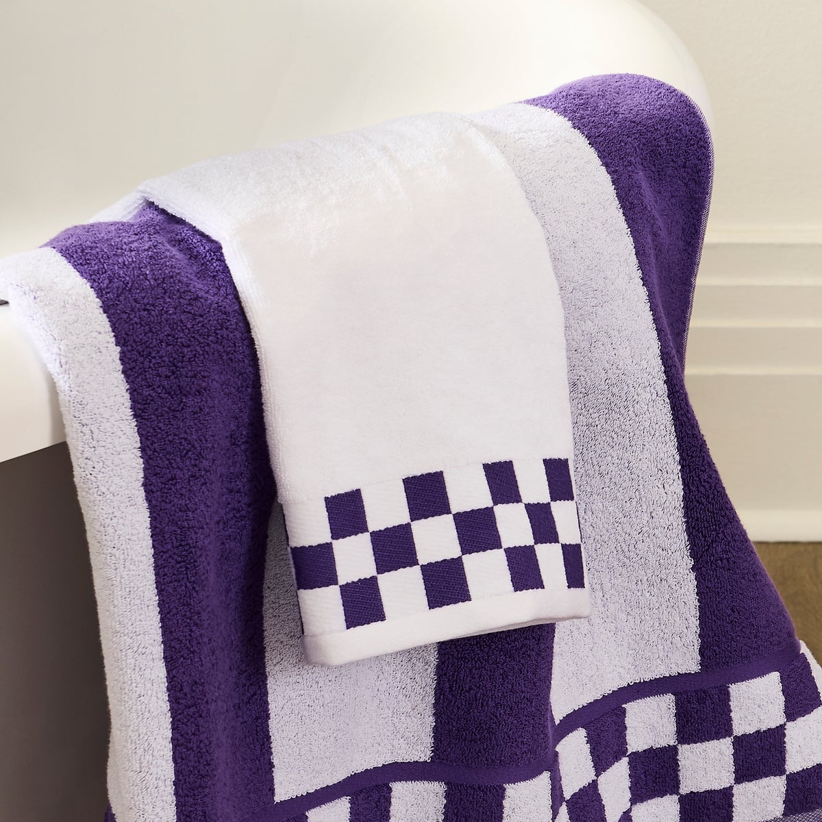 Bath Towel with Violet Check Border - Image 2