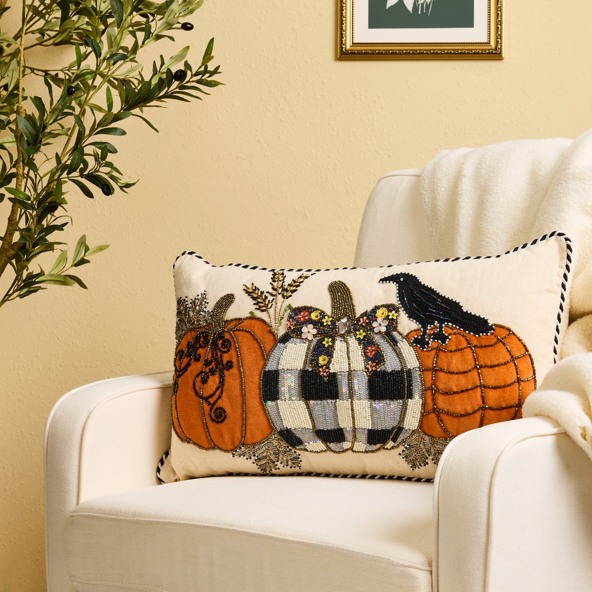 Pumpkin and Crow Lumbar Throw Pillow - Image 2