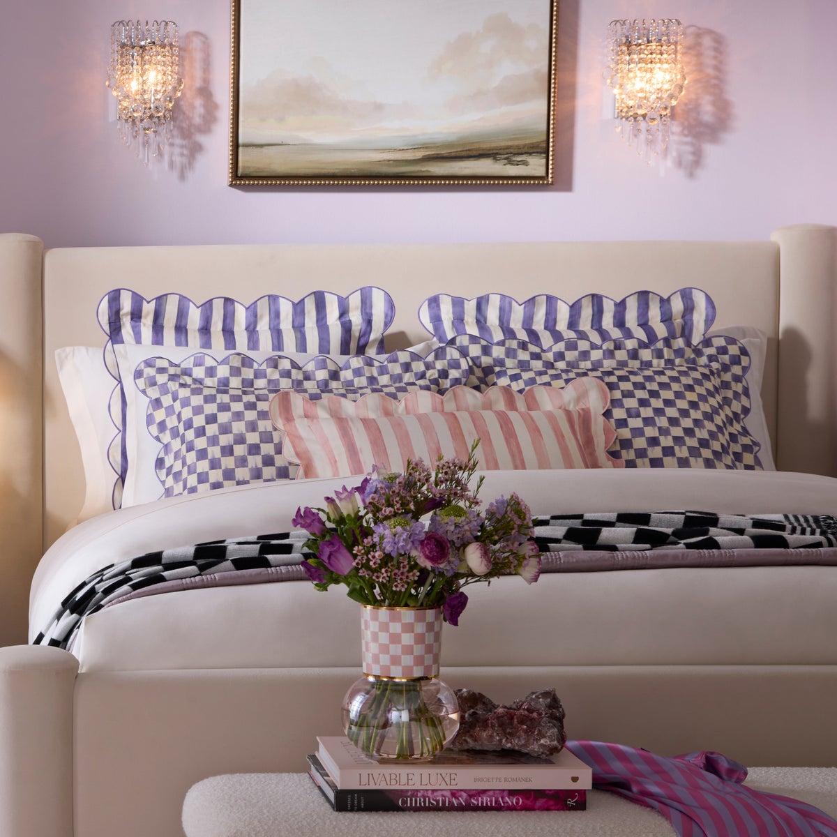 Violet Check Reversible Scalloped Lumbar Throw Pillow - Image 3