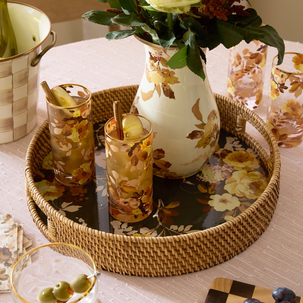 Wild Rose Brown Enamel & Rattan Round Serving Tray - Image 2