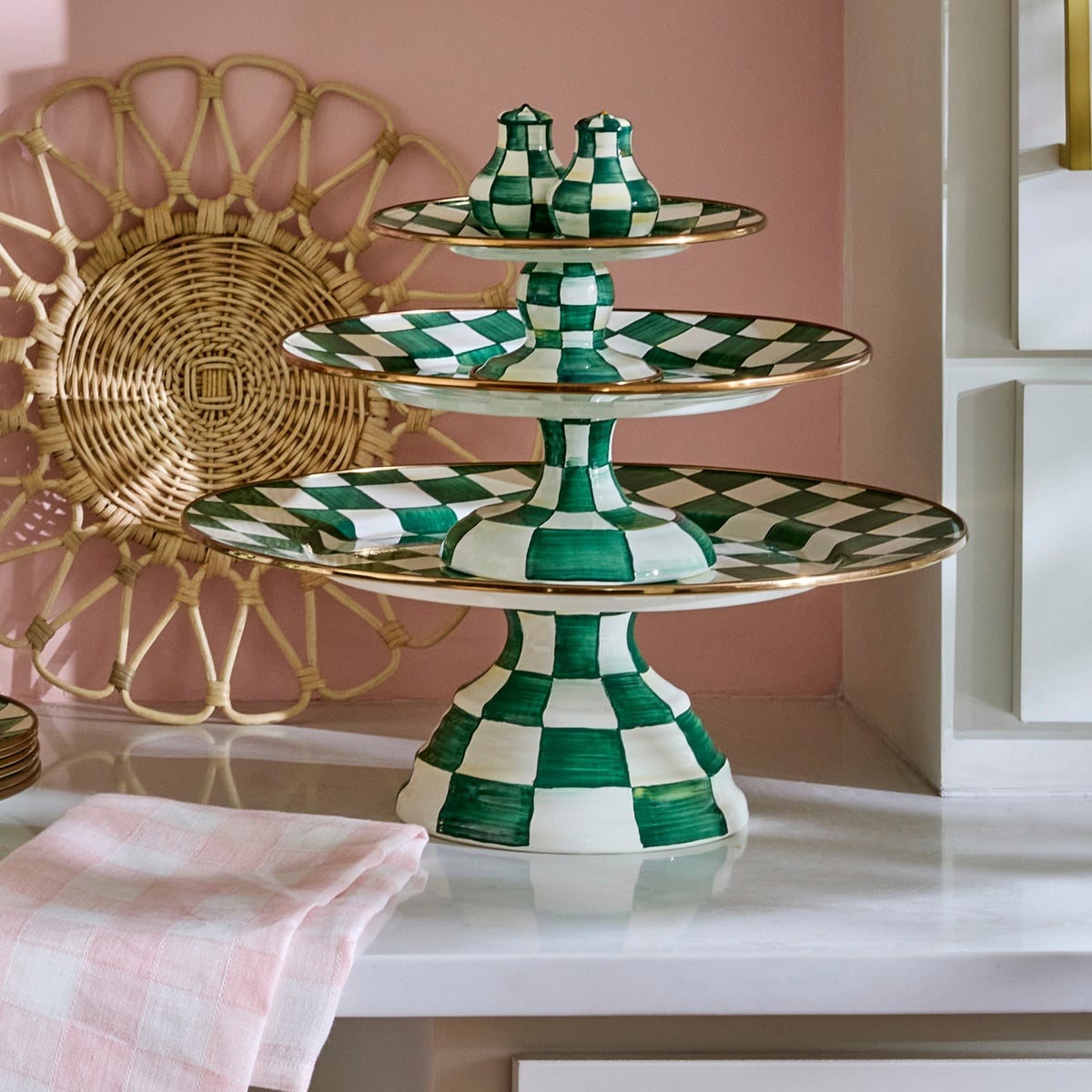 Emerald Check Large Pedestal Platter - Image 3